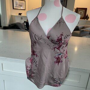 la Vie en Rose Floral Polyester Blend V Neck Deep Back Camisole Tan & Pink Sz S